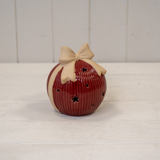 Large Red Ceramic LED Bauble with Bow Detail. With 6 Hour Timer