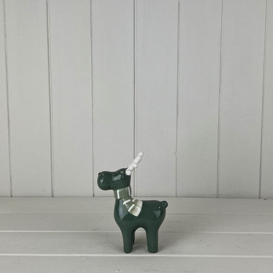 Dark Green/White Ceramic Reindeer Decoration L10.9xD6.6xH14.9cm  Weight-161g