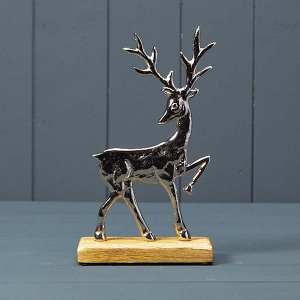 Silver Deer on Wooden Base 13x5x23cm