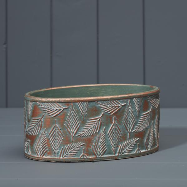 Green and Copper Wash Cement Oval Planter L20xD11xH9cm
