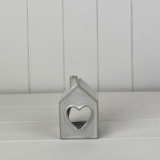 Glazed Ceramic House Tealight Holder with Heart Cut Out with Textured Detail L7xD6xH11cm  Weight-19