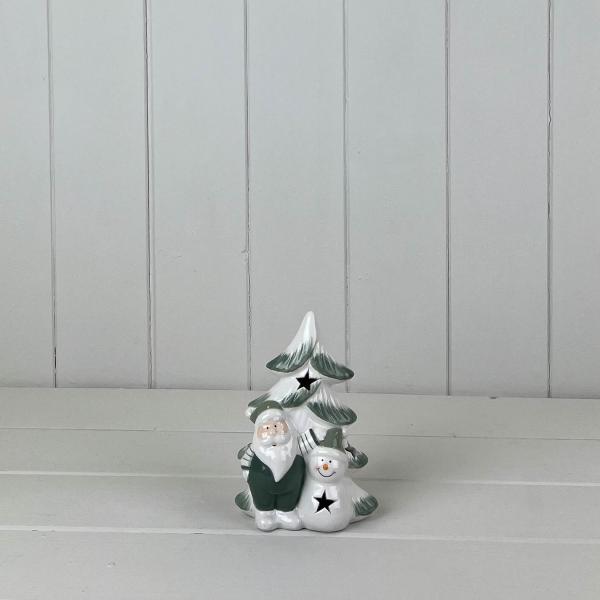 Green/White Ceramic Tree with Santa and Snowman Decoration with LED L9.6xD5.8xH13.6cm  Weight-177g