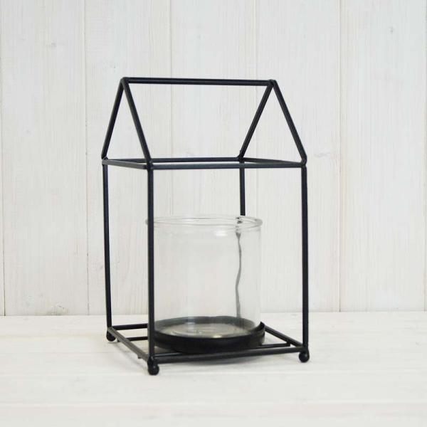 Black house shape lantern with glass insert :13.3 x W13.3 x H23.3 cm