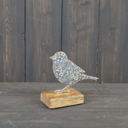 Blue Metal Bird on Wooden Base 12cm