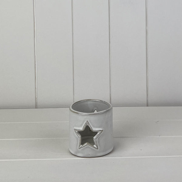 Glazed Ceramic Tealight Holder with Star Cut Out with Textured Detail L8.1xD7.8xH7.7cm  Weight-192g