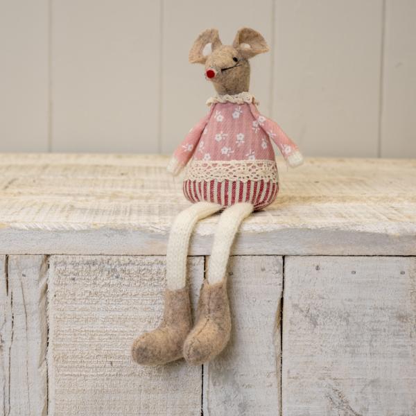 Pink Fabric Sitting Mouse with Lace Detail