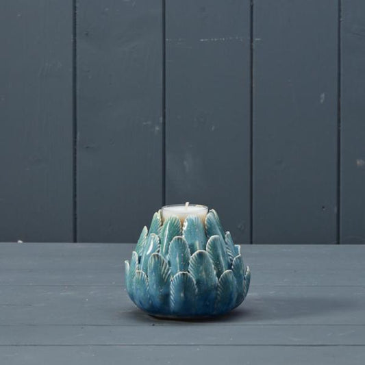 Blue Ceramic Flower Tealight D10.1cm H8.7cm