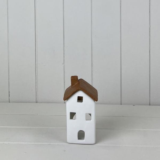 White/Wood Grain Effect Ceramic House Tealight Holder L7.5xD6.9xH14.5cm  Weight-274g