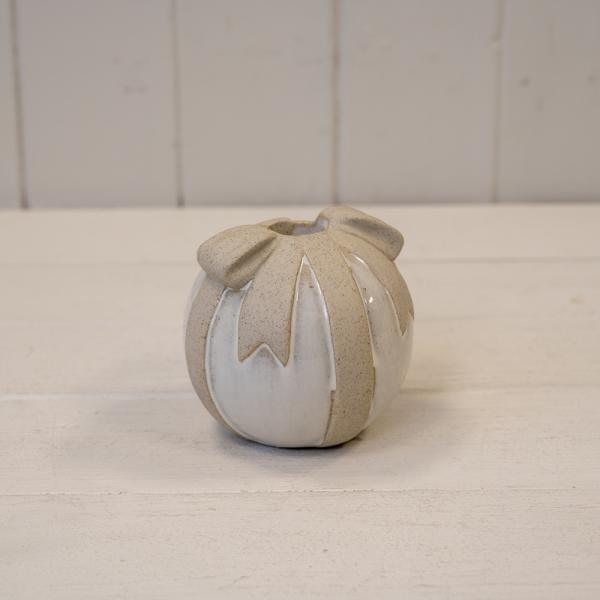 Stone Glazed Ceramic Bauble Shaped Candle Holder with Sand Textured Bow Detail