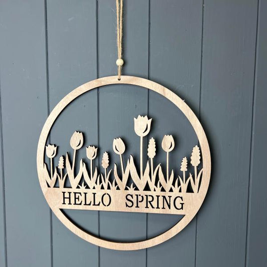 Round Wooden"Hello Spring" Wreath D30cm W0.5cm  Weight-85g