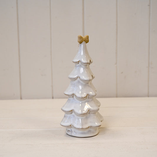 Medium Stone Glazed Ceramic Christmas Tree with Cream Bow on Top