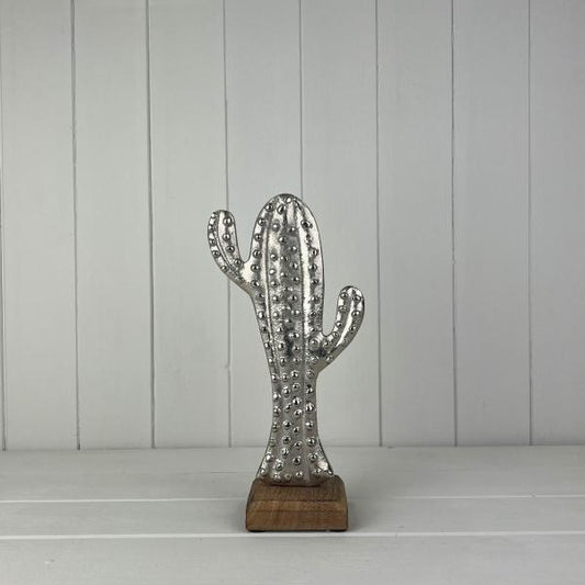 Small Aluminium Cactus on Wooden Base