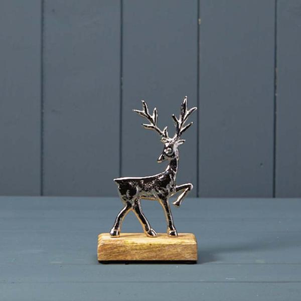Silver Deer on Wooden Base 9x5x15cm