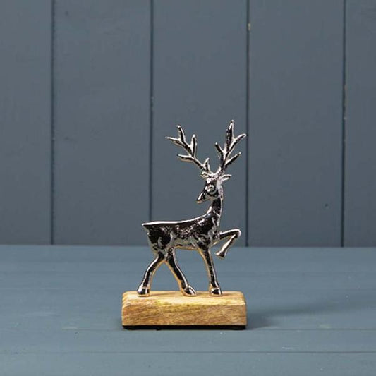 Silver Deer on Wooden Base 9x5x15cm