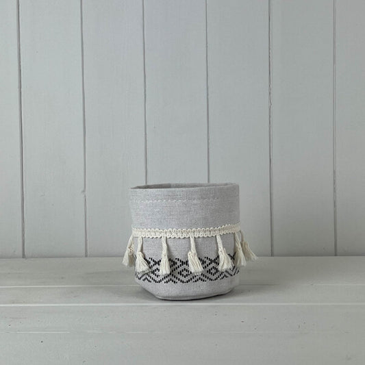 White and Black Cotton Planter with Tassels D11cm H10.5cm