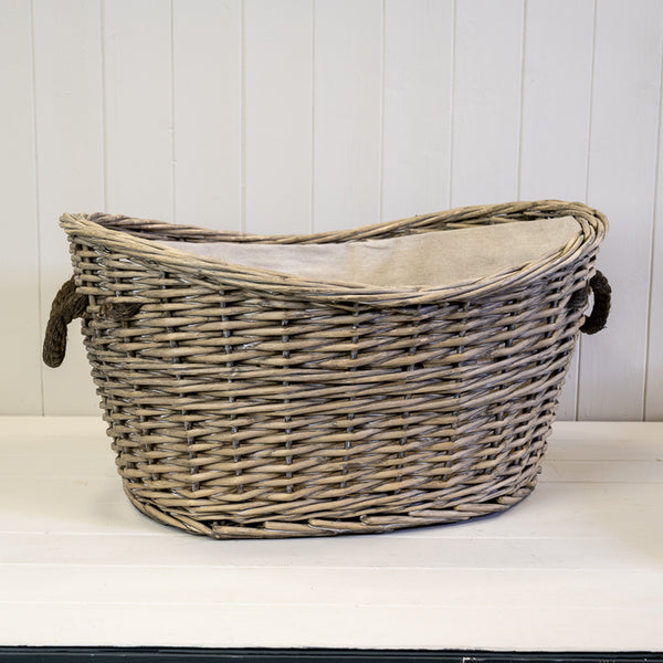 Willow Oval Scooped Topped Log Basket with Hessian Liner and Rope Handles TD58x44cm H30cm