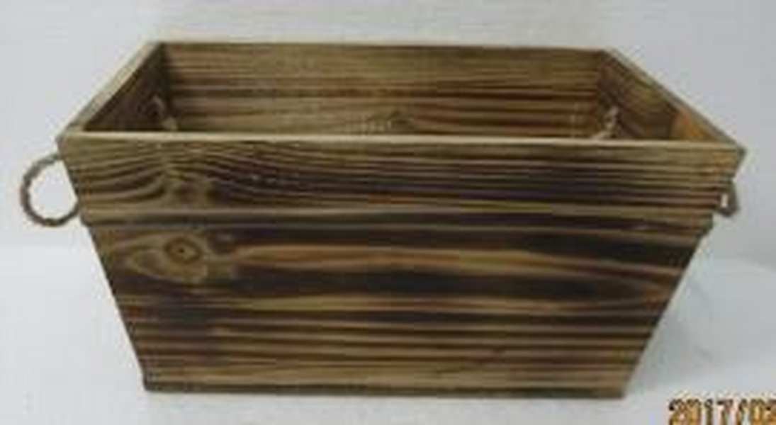 Rectangular Burntwood Trough with Wooden Beading & Rope handles TD 28x16cm H14cm Base 23.8x12.3cm