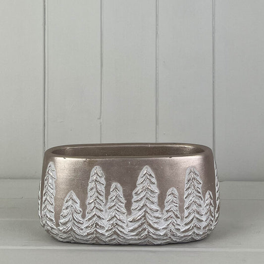 Champagne Gold Oval Pot with Embossed Trees 19x8.8x9cm