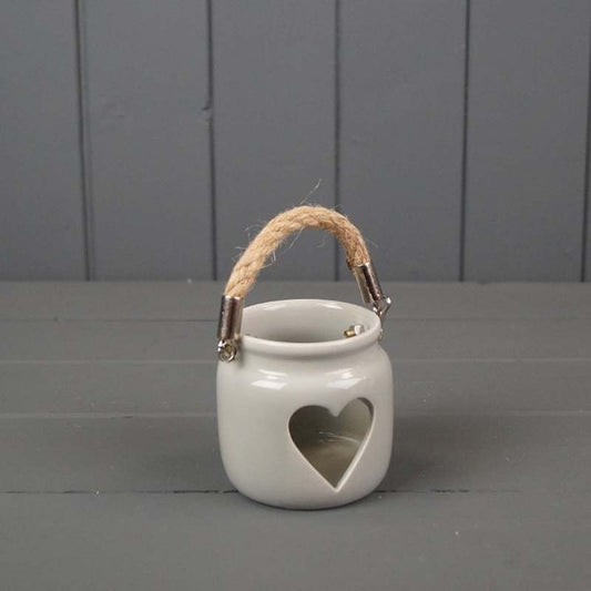 Grey Porcelain Heart Tealight Holder with Rope Handle D6.5cm H7.1cm