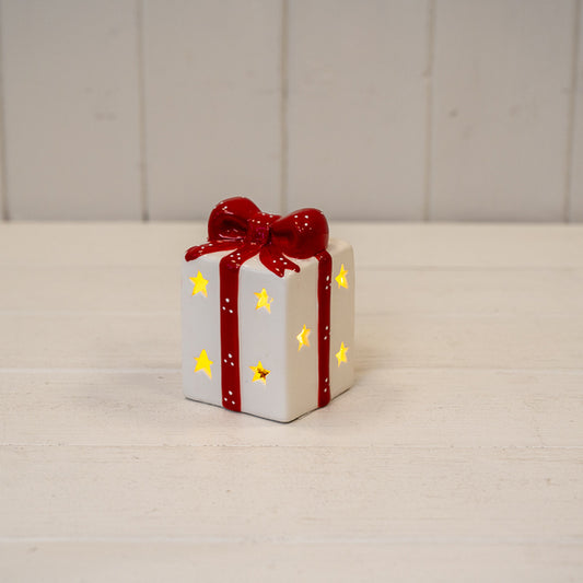 White/Red Ceramic Present with LED L6.3xW6.3xH9cm