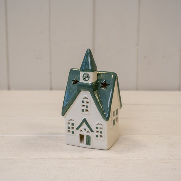 White/Green Ceramic House Tealight L7.5xW6.5xH14.6cm