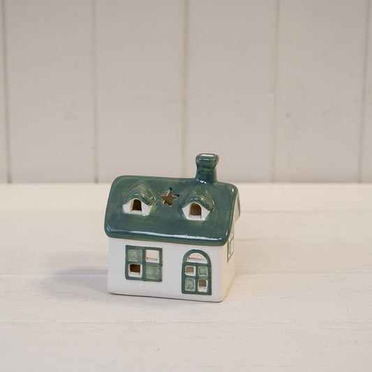 White/Green Ceramic House Tealight L10xW7xH10.5cm